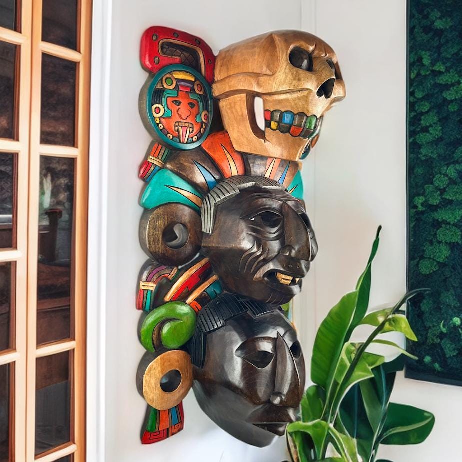 Wooden Mask, Aztec Culture, Mayan Culture, Mexican Art, Mayan Calendar, Aztec Calendar, Wood Craft, Handmade.