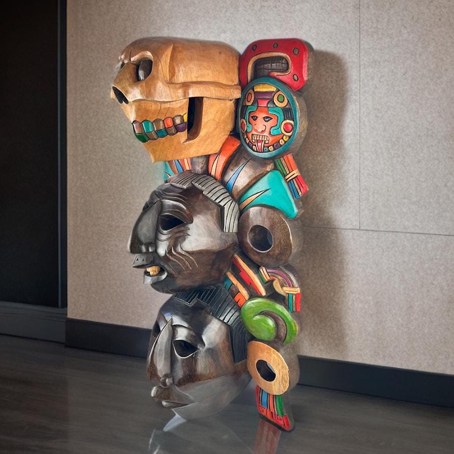 Wooden Mask, Aztec Culture, Mayan Culture, Mexican Art, Mayan Calendar, Aztec Calendar, Wood Craft, Handmade.