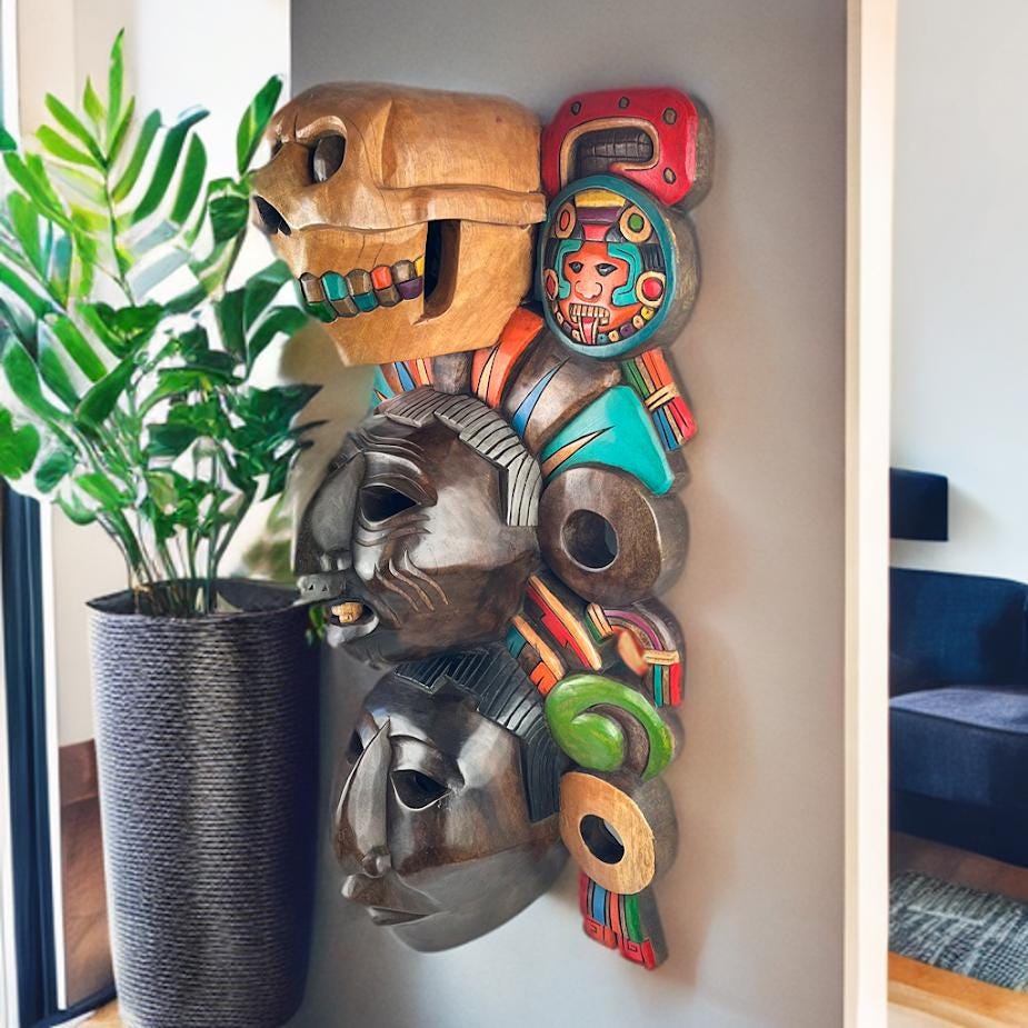 Wooden Mask, Aztec Culture, Mayan Culture, Mexican Art, Mayan Calendar, Aztec Calendar, Wood Craft, Handmade.