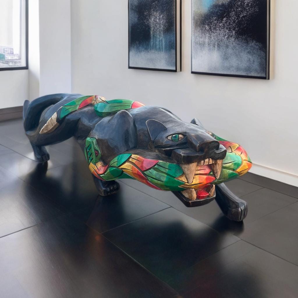 Jaguar, Mexican art, wood statue, handcrafted